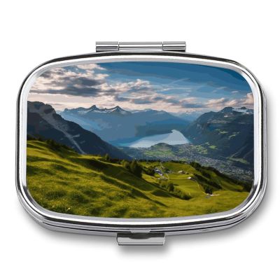 Switzerland Alps Pill Case 2 Compartment Metal Small Pill Box Travel Pill Organizer Portable Medicine Container Mini Daily Medication Holder for Vitamin Container Fish Oil