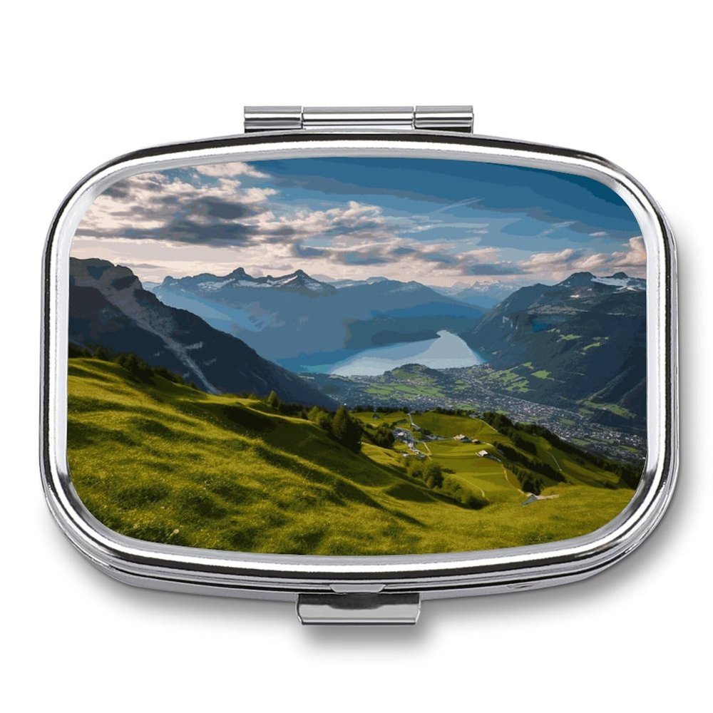 Switzerland Alps Pill Case 2 Compartment Metal Small Pill Box Travel Pill Organizer Portable Medicine Container Mini Daily Medication Holder for Vitamin Container Fish Oil