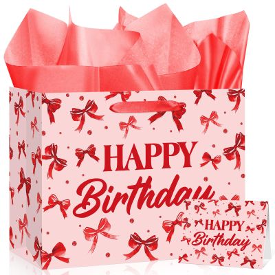 Red Bow Birthday Gift Bag Watercolor Bow Birthday Wrapping Paper Bag with Tissue Paper Greeting Card Goodie Candy Bags for Women Girls Anniversary Wedding Bridal Bachelorette Baby Shower Party Decor