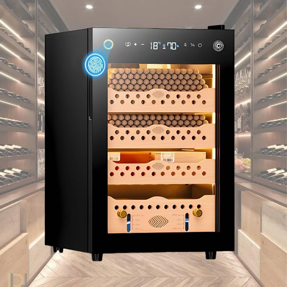 Advanced Smart Cigar Humidor 60l with Fingerprint Lock and Wifi Monitoring, Electric 200 Count Cabinet, Temperature Humidity Regulation, Cedar Interior(Basket)