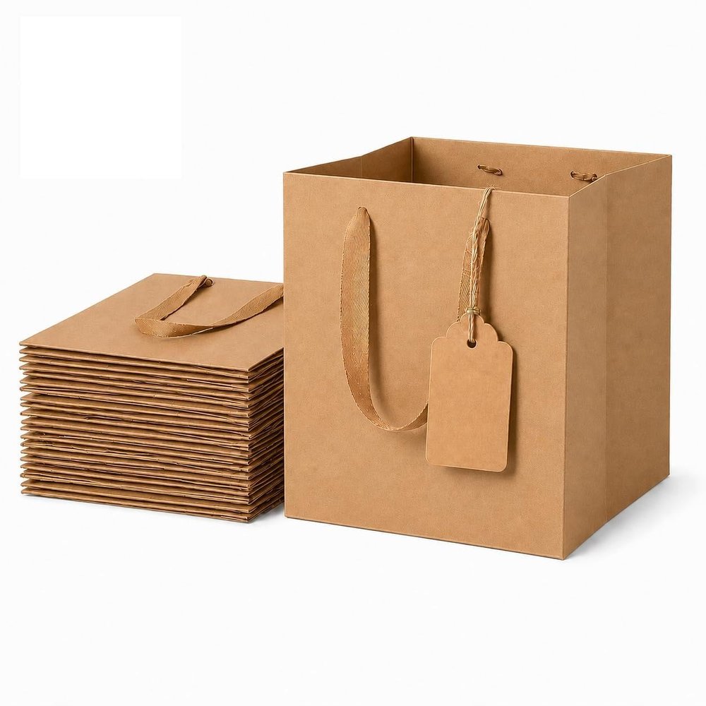 Treelement 20 Pack 10x10x10 inch Large Brown Cube Gift Bags with Gift Tags