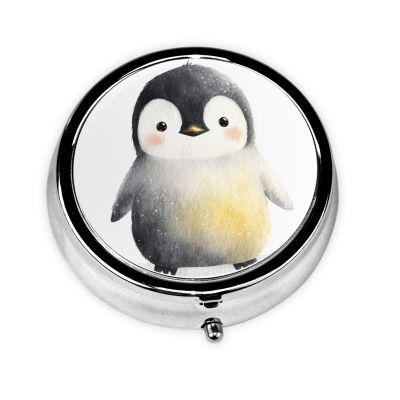 Simple Cute Penguin Watercolor Round Pill Case, Portable Pill Box for Pocket Metal Medicine Vitamin Organizer 3 Compartment Three Times A Day