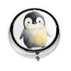 Simple Cute Penguin Watercolor Round Pill Case, Portable Pill Box for Pocket Metal Medicine Vitamin Organizer 3 Compartment Three Times A Day view 1