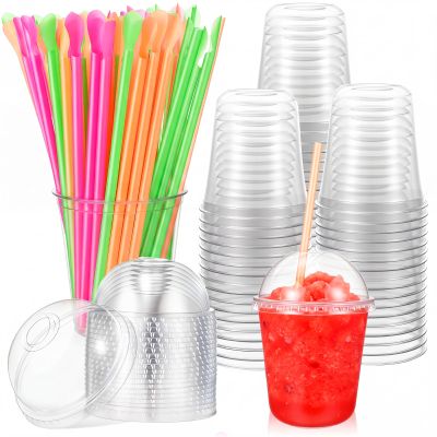 Singhoow 100 Sets 12 oz Clear Slushie Cups with Dome Lids and Snow Cone Spoon Straws, Disposable Smoothie Cold Drinking Cups for Parfait Party Iced Coffee Juice Milkshake