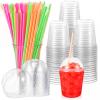 Singhoow 100 Sets 12 oz Clear Slushie Cups with Dome Lids and Snow Cone Spoon Straws, Disposable Smoothie Cold Drinking Cups for Parfait Party Iced Coffee Juice Milkshake view 1