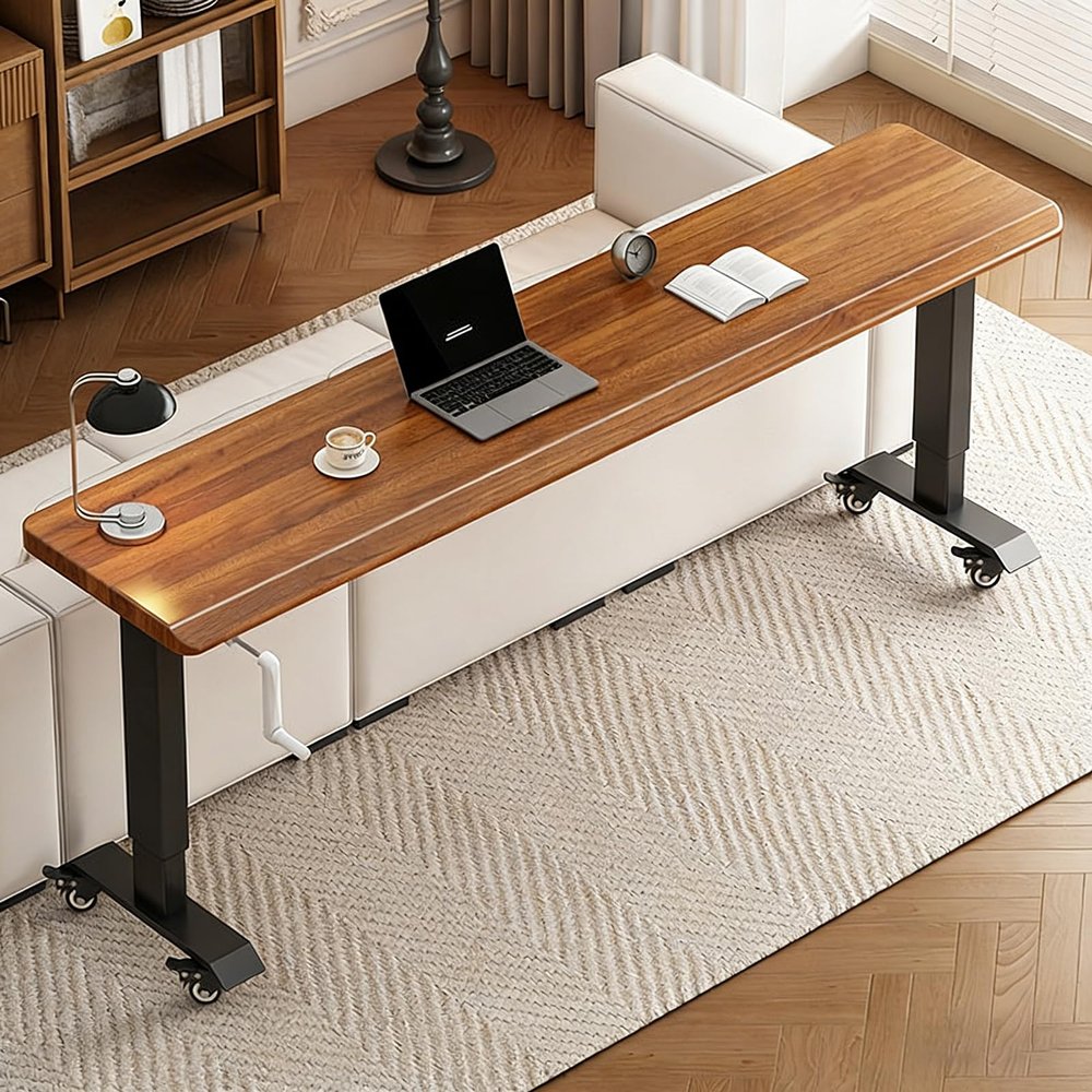XHDZSM Electric Overbed Table with Outlet, Manual/Electric - 24.8-38.5" Adjustable Height Solid Wood Rolling Laptop Desk for Bed, Recliner, Hospital, Home Office Manual - Walnut 86.6x15.7