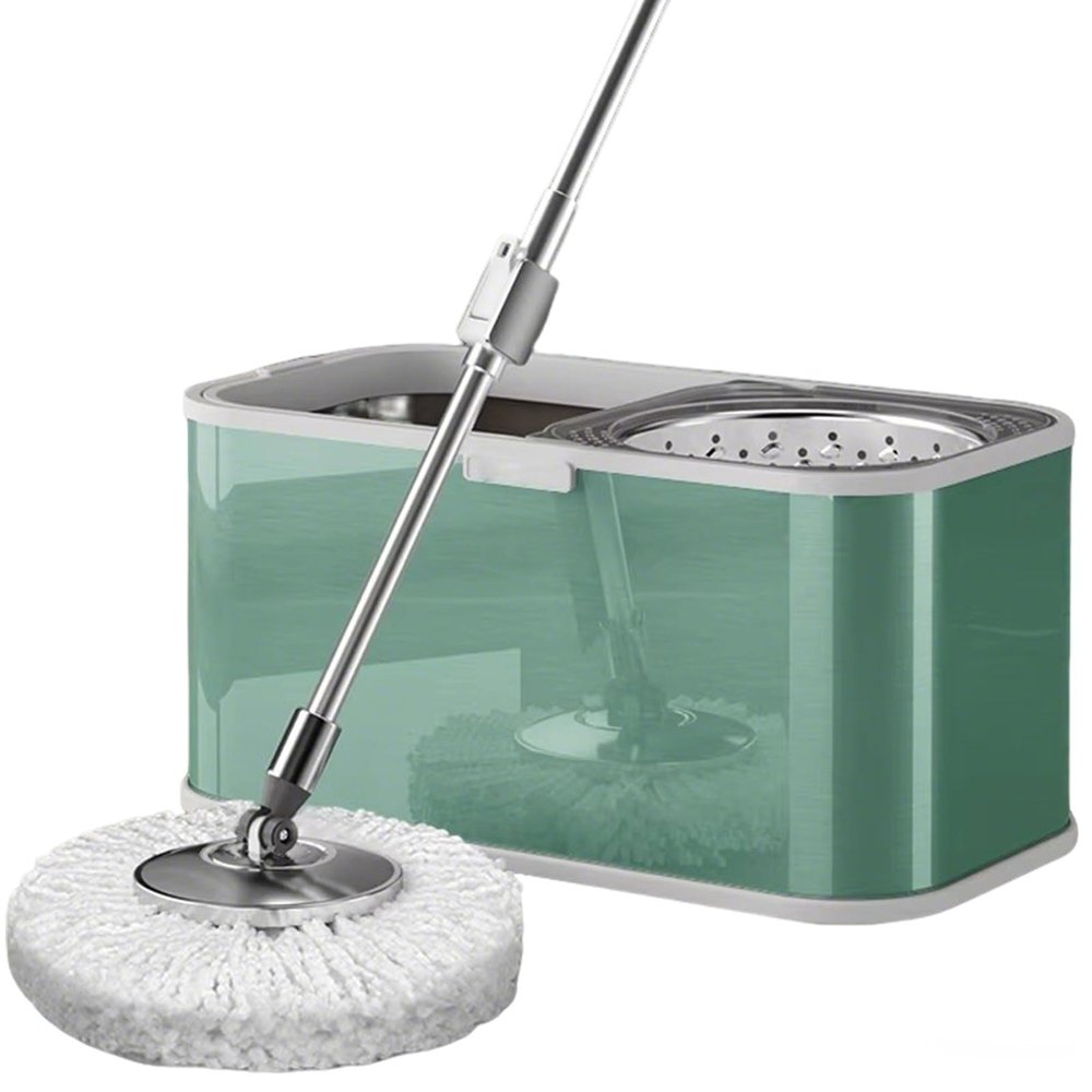 HSDXBA Spin Mop and Bucket Set for Home - 360 Spinning Mop and Stainless Steel Bucket, Adjustable Handle, 5 Microfiber Mop Heads, Easy Moving with Wheels for Home Floor Cleaning,Green