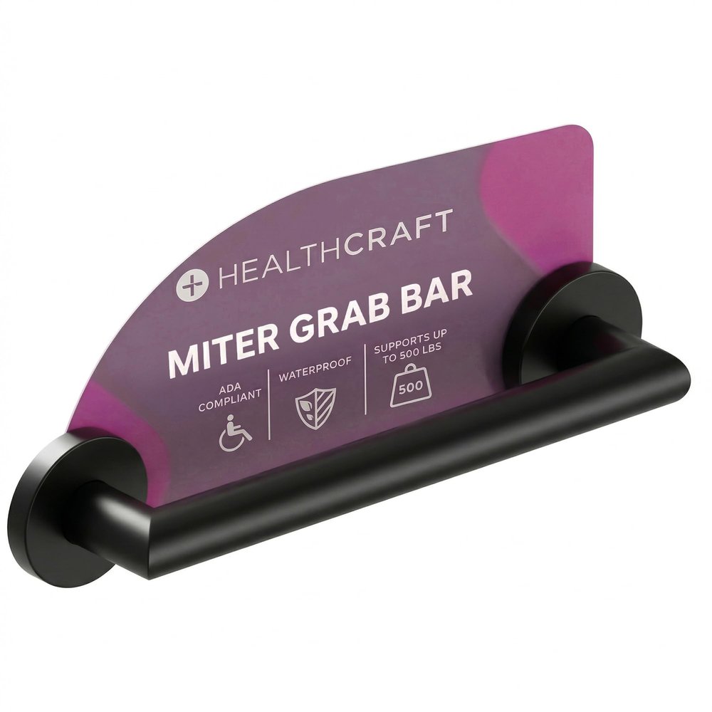 HEALTHCRAFT 12" Miter Grab Bar, ADA Compliant Bathroom Safety Bar, Stainless Steel Shower Handle, 500 lb Support, Modern Bathroom Rail for Shower, Tub & Toilet Wall (1, Matte Black, 12 Inch)