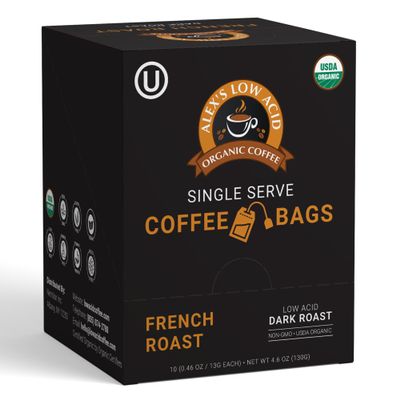 Alex's Low-Acid Organic Coffee French Roast Coffee Steep Bags (Tea Bag Style)