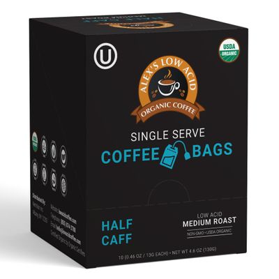 Alex's Low-Acid Organic Coffee - Half Caff Coffee Steep Bags (Tea Bag Style) 10-Pack