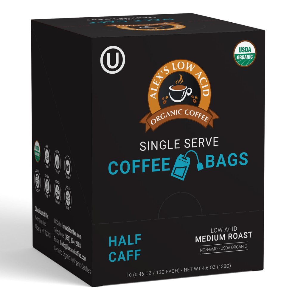 Alex's Low-Acid Organic Coffee - Half Caff Coffee Steep Bags (Tea Bag Style) 10-Pack
