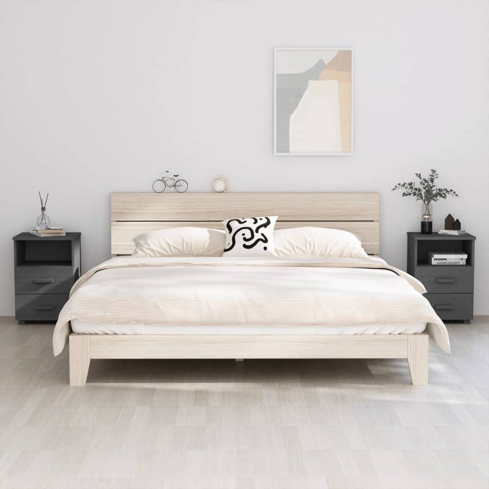 Bedside Cabinet Set of 2, Modern Nightstand with 2 Drawers, Solid Pine Wood and MDF Side Table for Bedroom, Living Room, Dark Grey