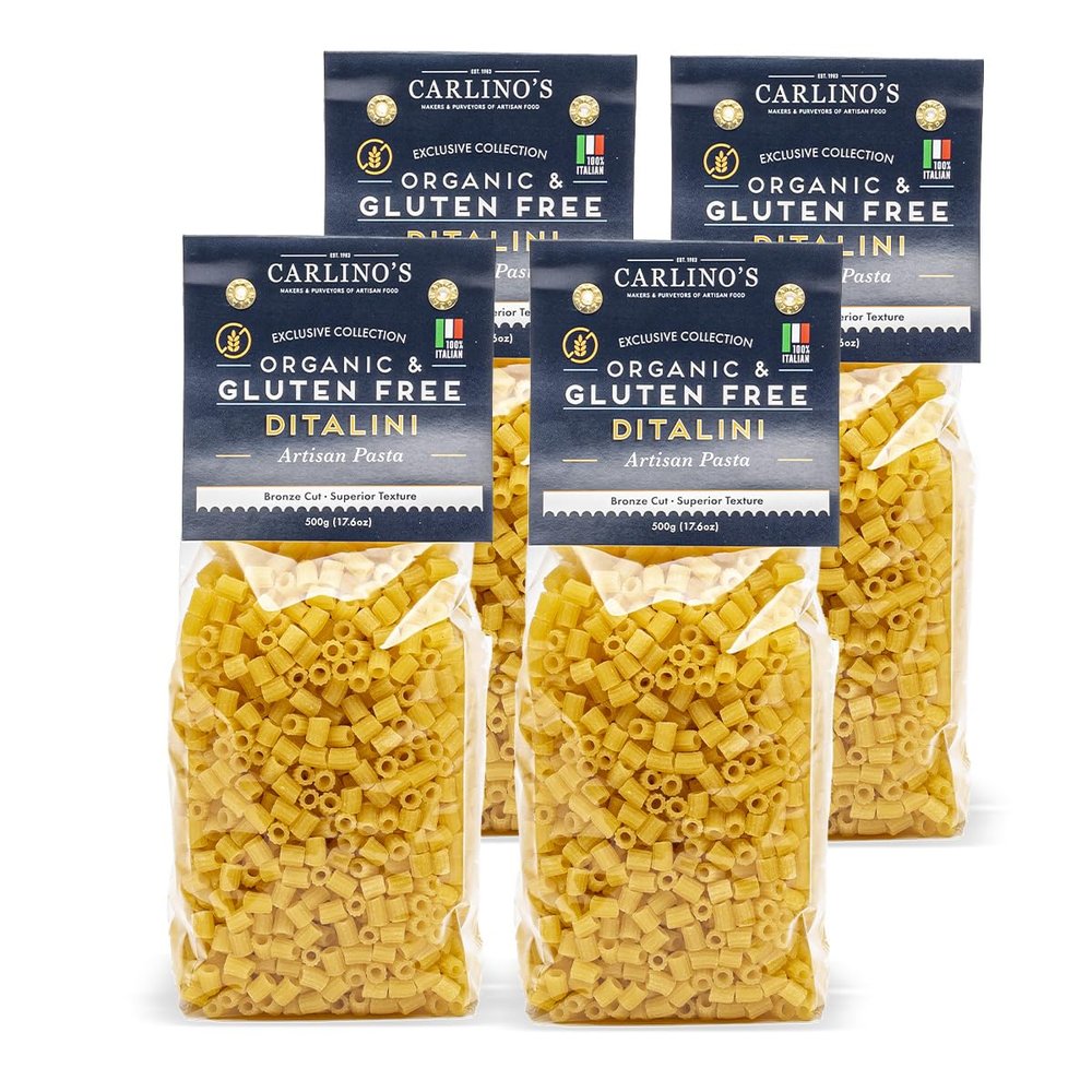 Carlino's Gluten-Free Ditalini| Organic Corn and Rice Flour | Bronze Die Cut | Air Dried | Sugar-Free | Superior Texture, USDA Organic, Made in Italy, 14.1 Oz (Pack of 4)