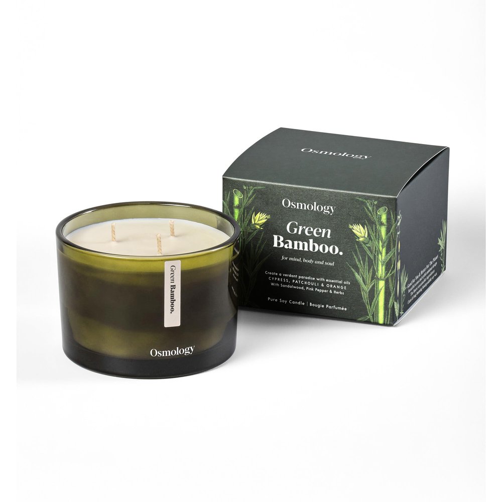 Osmology Green Bamboo Aromatherapy Candle Patchouli, Sandalwood & Cypress Scented Candle, Plant-Based Wax, 15.8 oz, 60 Hour Burn Time, Fresh & Grounding Candle