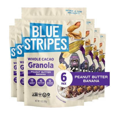 Blue Stripes Peanut Butter Banana Granola - Whole Cacao Gluten Free Granola for Cereal, Yogurt, Snacking | 4g Protein Per Serving | No Refined Sugar, Vegan, Non GMO - 7 oz Bag (6 Pack)