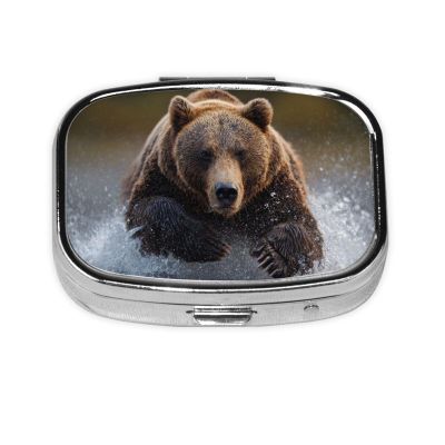 Angry Bear in The River Pill Box Square Metal Pill Case with 2 Compartment Travel Pill Organizer for Vitamins Medication