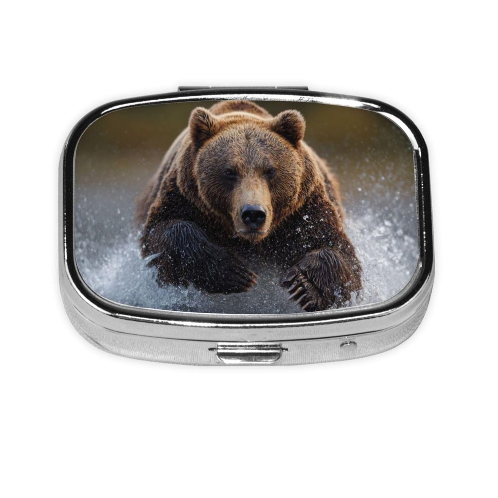 Angry Bear in The River Pill Box Square Metal Pill Case with 2 Compartment Travel Pill Organizer for Vitamins Medication