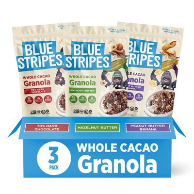 Blue Stripes Granola Variety Pack - Peanut Butter Banana, 70% Dark Chocolate, Hazelnut Butter | Gluten Free Whole Cacao Granola for Cereal, Yogurt, Snacking | No Refined Sugar, Vegan 7 oz Bag (3 Pack)