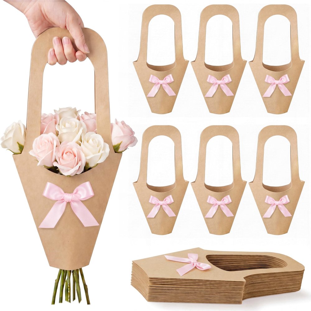 Mooliwe 20 Pcs Wedding Flower Bouquet Holder with Bow Flower Paper Gift Bags with Handles Kraft Packaging Wrap Bags for Florist Wedding Birthday Baby Shower Small Business Party Decor