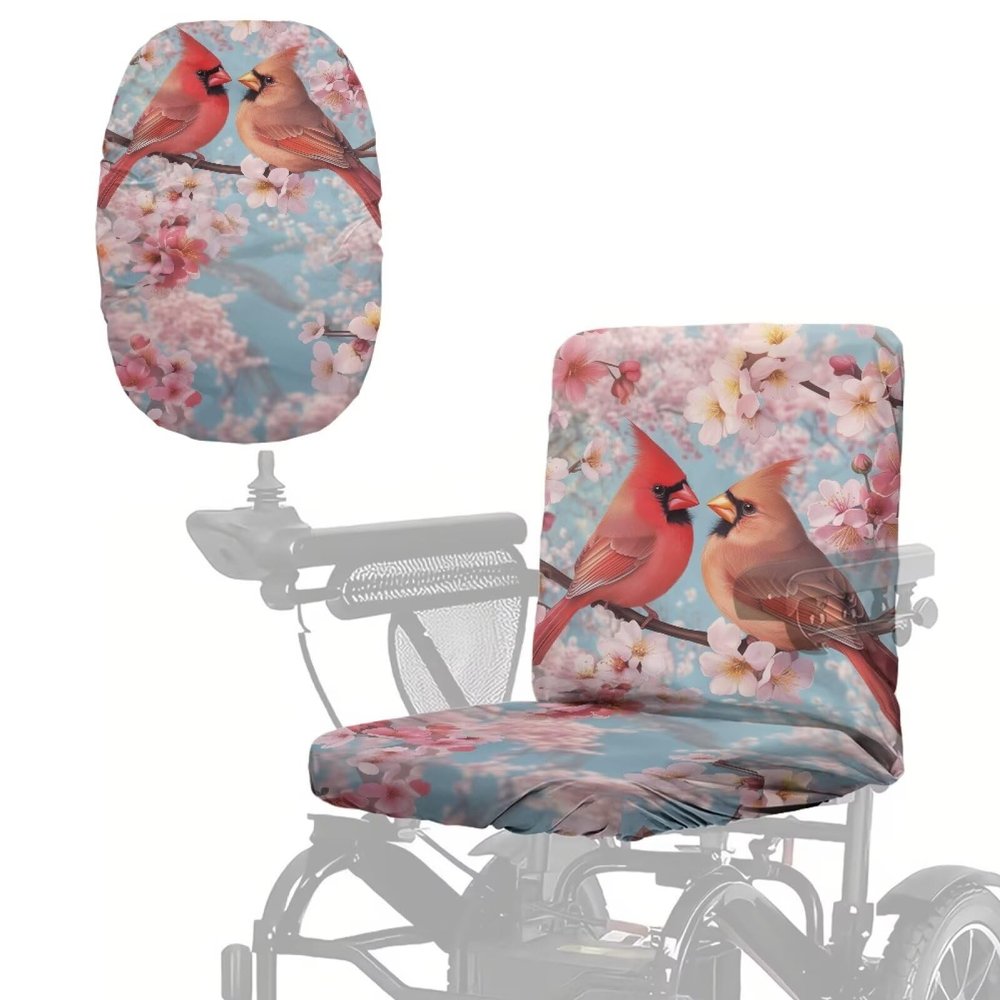 Fiqyvagox Cardinal Peach Blossom Print Pink Blue Electric Wheelchair Seat Cover, Dustproof Mobility Scooter Seat Cover, Comfy Protector for Electric Wheelchairs, 35" L x 18" W