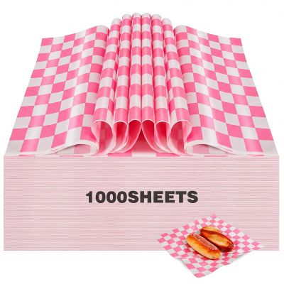 Colarr 1000 Pcs Waxed Paper Sheets Bulk 15 x 15 Inch Large Sandwich Wrapping Papers Checkered Deli Food Basket Liners for Burgers Bread Restaurant Barbecue Picnic(Pink)