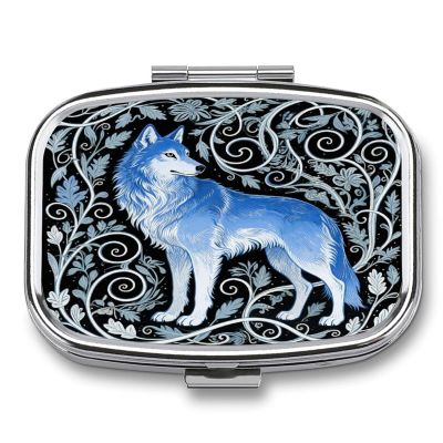 Blue Wolf Print Pill Box 2 Compartment Decorative Metal Pill Case for Pocket Or Purse Travel Portable Medicine Box Pill Container Organizer for Vitamins Fish Oils Supplements