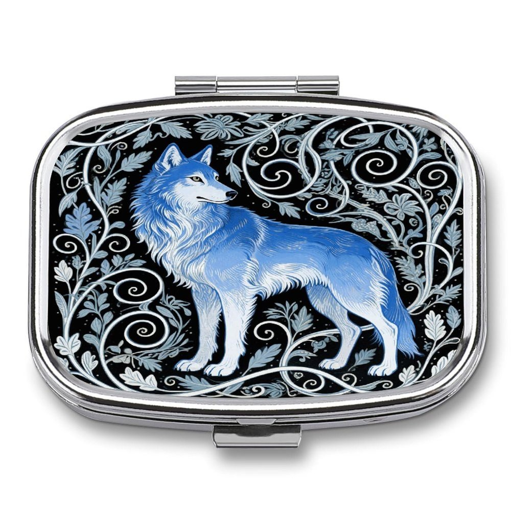 Blue Wolf Print Pill Box 2 Compartment Decorative Metal Pill Case for Pocket Or Purse Travel Portable Medicine Box Pill Container Organizer for Vitamins Fish Oils Supplements