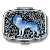Blue Wolf Print Pill Box 2 Compartment Decorative Metal Pill Case for Pocket Or Purse Travel Portable Medicine Box Pill Container Organizer for Vitamins Fish Oils Supplements view 1