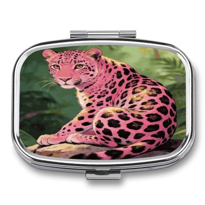 Liangguang Powder Leopard Pill Case Portable Medicine Organizer Travel Daily Pill Box Small Metal Medicine Box for Purse Pocket Pill Container Holder Two Compartments Medication Holder