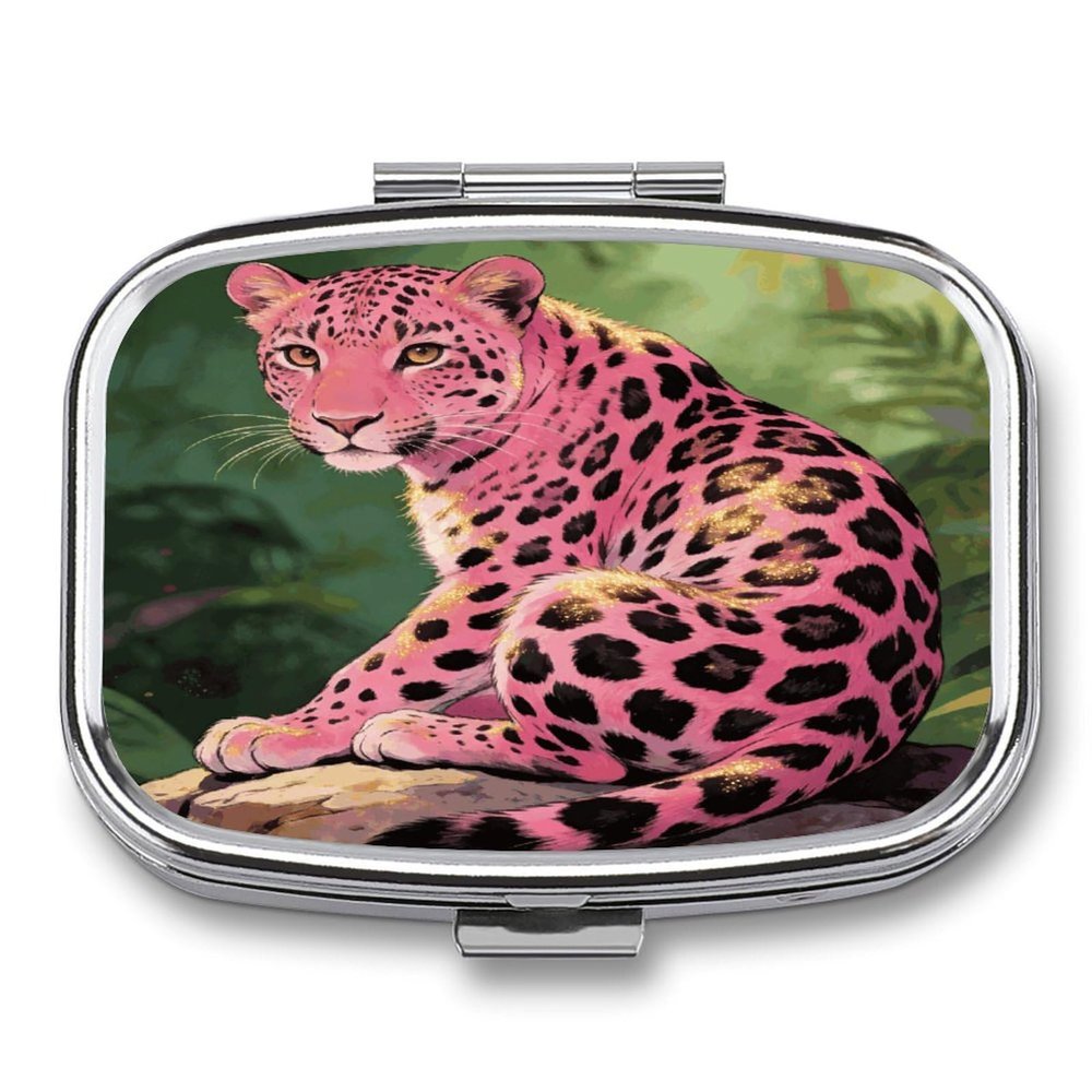 Liangguang Powder Leopard Pill Case Portable Medicine Organizer Travel Daily Pill Box Small Metal Medicine Box for Purse Pocket Pill Container Holder Two Compartments Medication Holder
