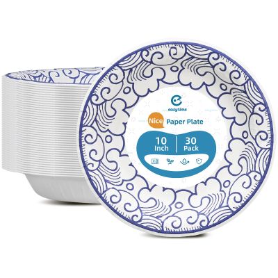 VIVAVENTURE 30 Pack Disposable Paper Plates, 10 Inch Round Paper Dishes, Microwave Safe, Soak Proof, Cut Resistant, Heavy Duty Disposable Plates for Everyday Use, Parties, Picnics and Events