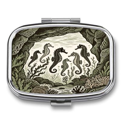 Seahorses in Seafloor Cave Pill Box 2 Compartment Decorative Metal Pill Case for Pocket Or Purse Travel Portable Medicine Box Pill Container Organizer for Vitamins Fish Oils Supplements