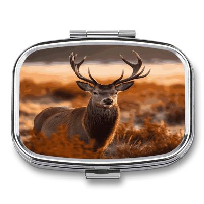 Antler Red Deer Pill Box 2 Compartment Decorative Metal Pill Case for Pocket Or Purse Travel Portable Medicine Box Pill Container Organizer for Vitamins Fish Oils Supplements