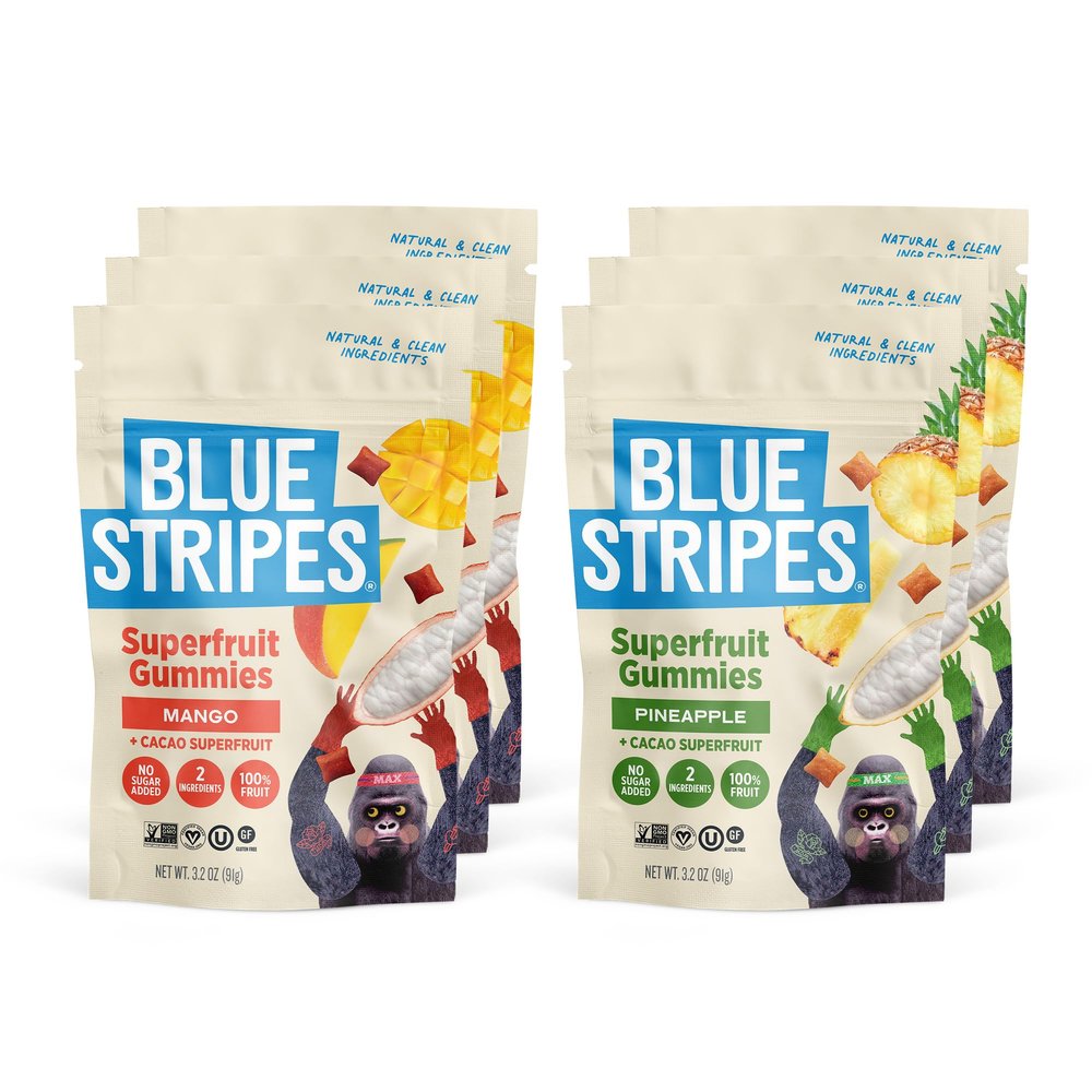 Blue Stripes Cacao Fruit Gummies Mango & Pineapple Variety Pack | Two Ingredient Fruit Snack for Kids and Adults | No Sugar Added | Gluten Free, Vegan Chewy Superfruit Gummy | 3.2 oz (6 Pack)