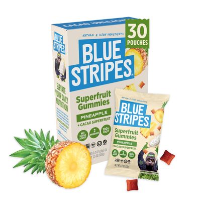 Blue Stripes Pineapple Cacao Superfruit Gummies - 100% Fruit Snack for Kids & Adults | No Sugar Added, Gluten Free, Vegan Gummy | 30 Single Serve Pouches (0.7oz) for School, Travel (6 5-ct boxes)