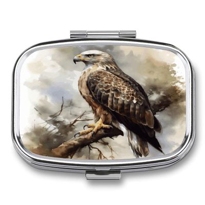 Watercolor of Hawk Sitting in The Tree Pill Box 2 Compartment Decorative Metal Pill Case for Pocket Or Purse Travel Portable Medicine Box Pill Container Organizer for Vitamins Fish Oils Supplements