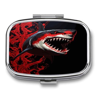 Red-Black Shark Pill Box 2 Compartment Decorative Metal Pill Case for Pocket Or Purse Travel Portable Medicine Box Pill Container Organizer for Vitamins Fish Oils Supplements