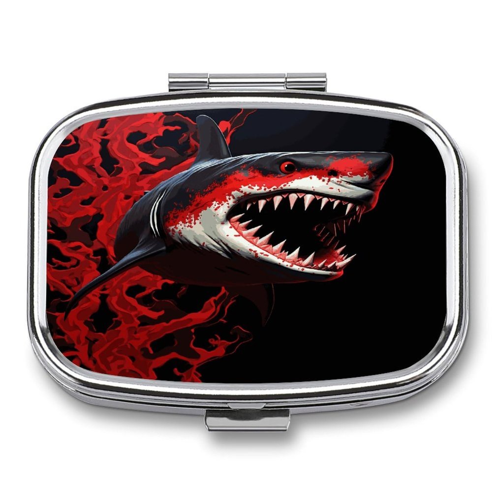 Red-Black Shark Pill Box 2 Compartment Decorative Metal Pill Case for Pocket Or Purse Travel Portable Medicine Box Pill Container Organizer for Vitamins Fish Oils Supplements
