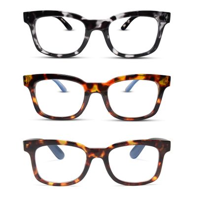 2SeeLife 3-Pack Wide Reading Glasses for Women Medium-Large Fit, Thick & Sturdy Frame, Spring Hinges, Premium Designer Readers, Grey Leopard, T. Blue, T. Green, +2.50