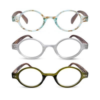 2SeeLife 3-Pack Small Round TR-90 Reading Glasses for Men & Women - Narrow-Medium Fit, Sturdy Frame, Spring Hinges, Retro Readers, Aqua Blue, Clear, Green, +2.75