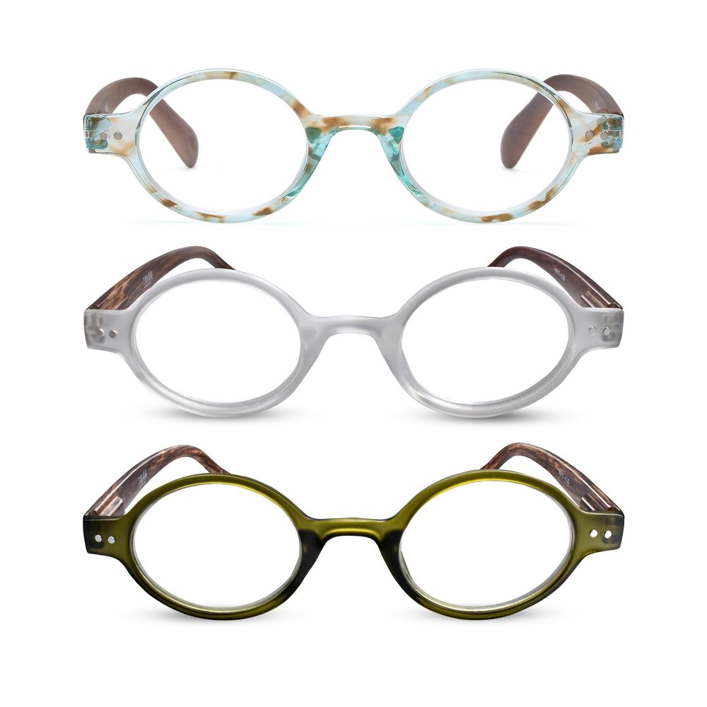 2SeeLife 3-Pack Small Round TR-90 Reading Glasses for Men & Women - Narrow-Medium Fit, Sturdy Frame, Spring Hinges, Retro Readers, Aqua Blue, Clear, Green, +2.75