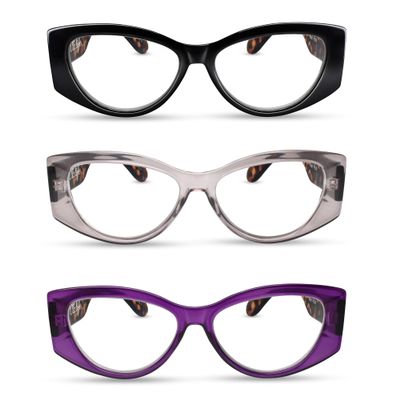 2SeeLife 3-Pack Oversized Cateye Reading Glasses for Women MediumWide Fit, Durable & Sturdy Frame, Trendy Premium Cateye Readers, Black, Gray, Purple, +2.25