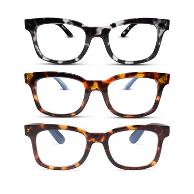 2SeeLife 3-Pack Wide Reading Glasses for Women Medium-Large Fit, Thick & Sturdy Frame, Spring Hinges, Premium Designer Readers, Grey Leopard, T. Blue, T. Green, +1.75