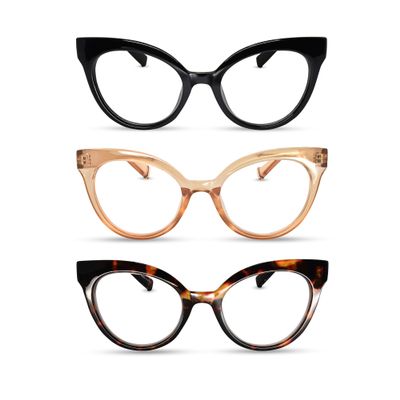 2SeeLife 3-Pack Oversized TR-90 Cat Eye Reading Glasses for Women Narrow-Medium Fit, Durable and Sturdy Frame, Premium Readers, Black, Champagne, Tortoise Brown, +2.00