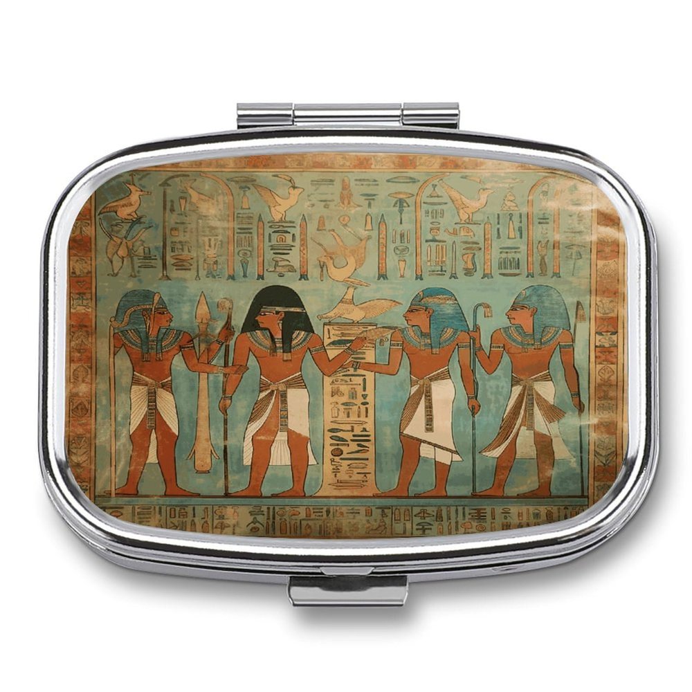 Women in Ancient Egypt Pill Box 2 Compartment Decorative Metal Pill Case for Pocket Or Purse Travel Portable Medicine Box Pill Container Organizer for Vitamins Fish Oils Supplements
