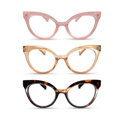 2SeeLife 3-Pack Oversized TR-90 Cat Eye Reading Glasses for Women Narrow-Medium Fit, Durable and Sturdy Frame, Premium Readers, Pink, Champagne, Tortoise Brown, +1.25