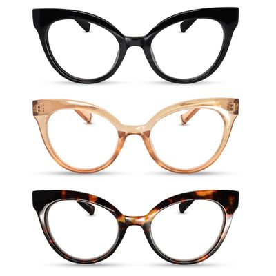 2SeeLife 3-Pack Oversized TR-90 Cat Eye Reading Glasses for Women Narrow-Medium Fit, Durable and Sturdy Frame, Premium Readers, Black, Champagne, Tortoise Brown, +2.75