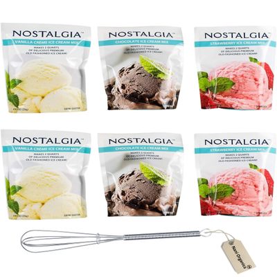 Ice Cream Mix. Vanilla, Chocolate and Strawberry. Each Pocket of 8 Oz Makes 2 Quarts of Delicious Premium Old Fashioned Ice Cream! (Pack of 6) with whisk