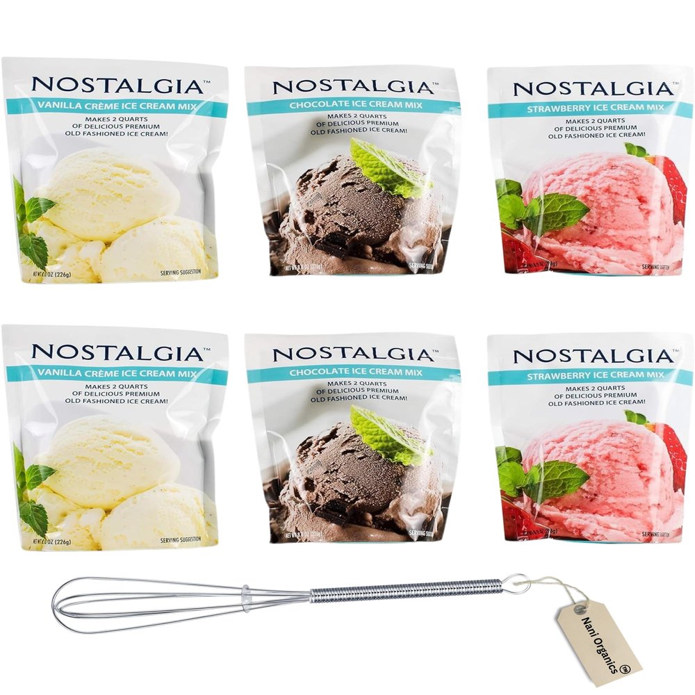 Ice Cream Mix. Vanilla, Chocolate and Strawberry. Each Pocket of 8 Oz Makes 2 Quarts of Delicious Premium Old Fashioned Ice Cream! (Pack of 6) with whisk