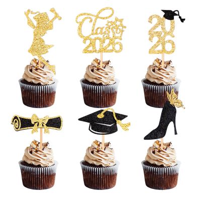 Girl Graduation Cupcake Toppers 2026 Graduation Decorations 24 PCS, Glitter Gold Class of 2026 Cupcake Topper Supplies, 2026 Graduat Decorations Party Decorations, Diploma, Grad Cap Set (Gold Girl)